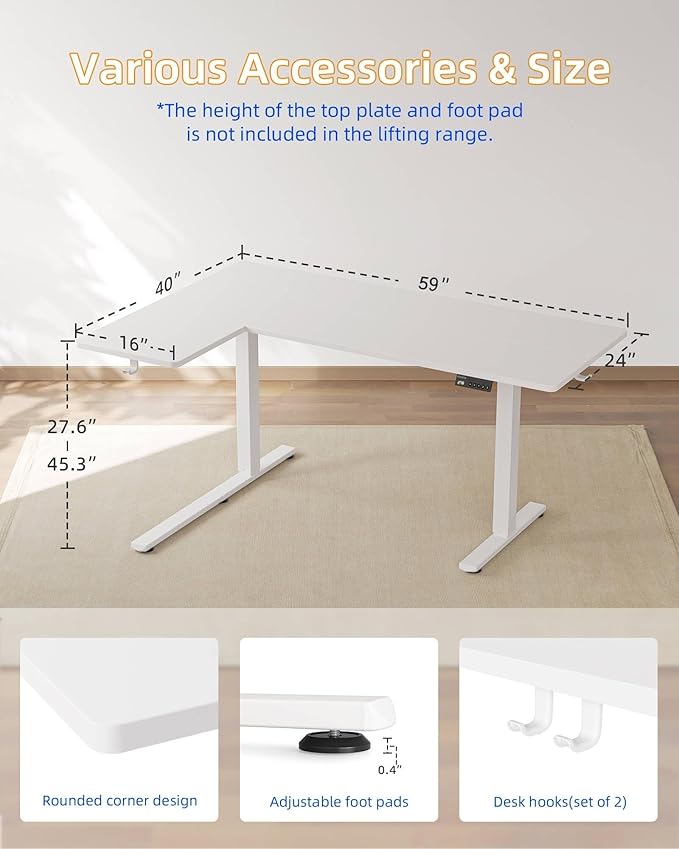 YIHAYO Reversiable L-Shaped Electric Standing Desk 59 Inches Stand Up Corner Desk Sit and Stand Up for Work Office Home Ergonomic Rising Computer Table with Splice Board White