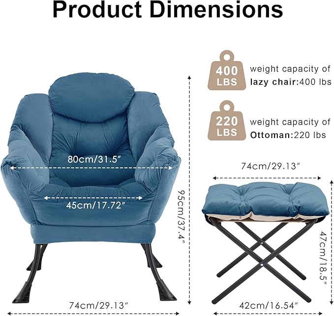 Lazy Chair with OttomanOversized Accent Chair with Thick Cushion Side PocketModern Lounge Arm Reading Chair and Folding Footrest for Living RoomBedroomOfficeDormApartment Blue