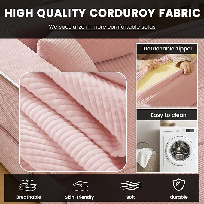 Convertible Sleeper Sofa Bed Corduroy Upholstered Modular Floor Couch Queen/King Size Foldable Futon with futon Memory Foam for Apartment Living Room Bedroom (Pink 80.15) | Convertible sofa bed