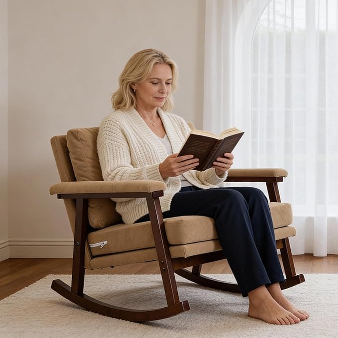 Rocking Chair for Nursery Living Room &amp Bedroom Upholstered Accent Chair with Solid Rubberwood Frame Cozy Reading Chair for Small Spaces (Khaki)