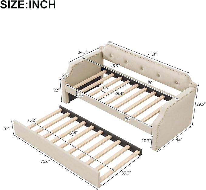 Flieks Twin Upholstered Daybed Linen Fabric Upholstered Tufted Sofa Bed with TrundleSofa Bed Trundle Daybed with Wood Frame(Beige)