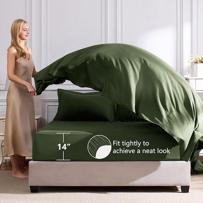 CozyLux Queen Comforter Set Olive Green - Bed in a Bag Queen Size 7 Pieces Luxury Soft Bed Set for All Seasons Bedding Set with Down Alternative Comforter Sheets Pillowcases &amp Shams