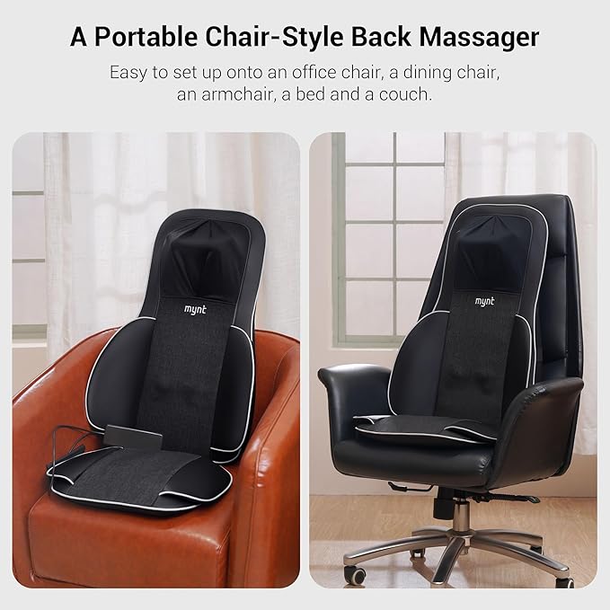 Mynt FSA Eligible HSA Approved Shiatsu Neck and Back Massager for Chair with 10 Deep Kneading Nodes 2D &amp 3D Back Massage with Heat Portable Spot Massage Chair Pad (Black)