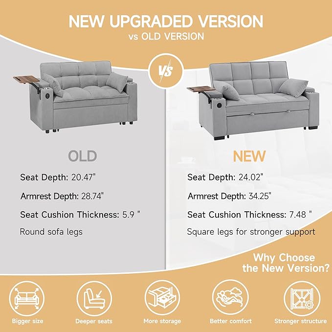65 Sleeper Sofa Bed Loveseat Convertible Couch for Living Room RV Sofa with Adjustable Backrest Chaise Lounge Side Table USB &amp Type-C Ports