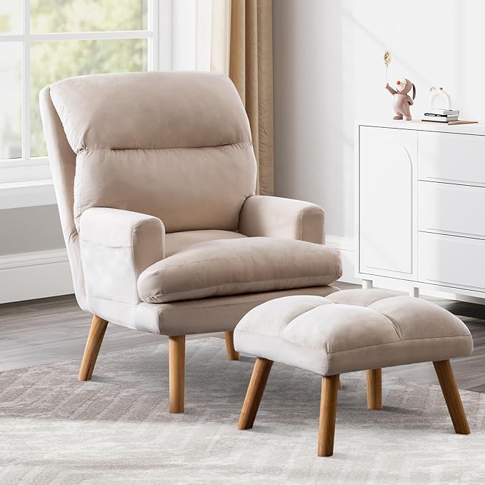 Accent Chair with Ottoman Comfy Reading Chair Armchair with Adjustable Backrest and Side Pockets Soft Fabric Leisure Sofa for Bedroom Living Room Dorm Rooms Garden Beige