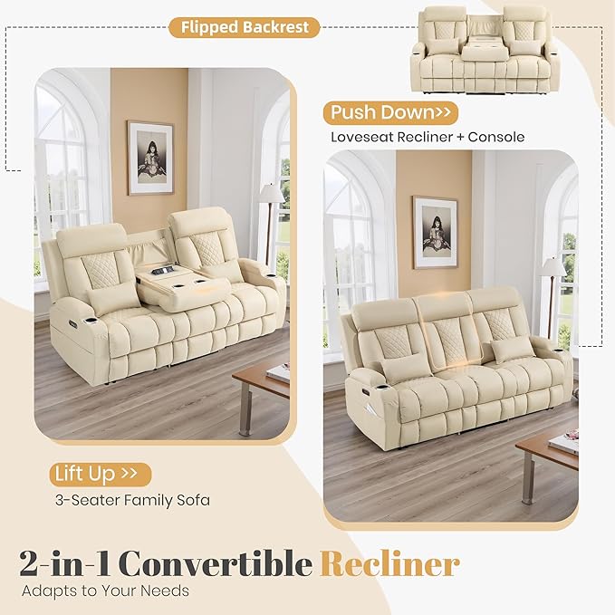 3-Seater Power Recliner Sofa with Adjustable Headrest Zero Wall Hugger Electric Reclining Couch Drop-Down Console with AC Outlets/USB/Type-C 2 Lumbar Pillows &amp Side Pockets