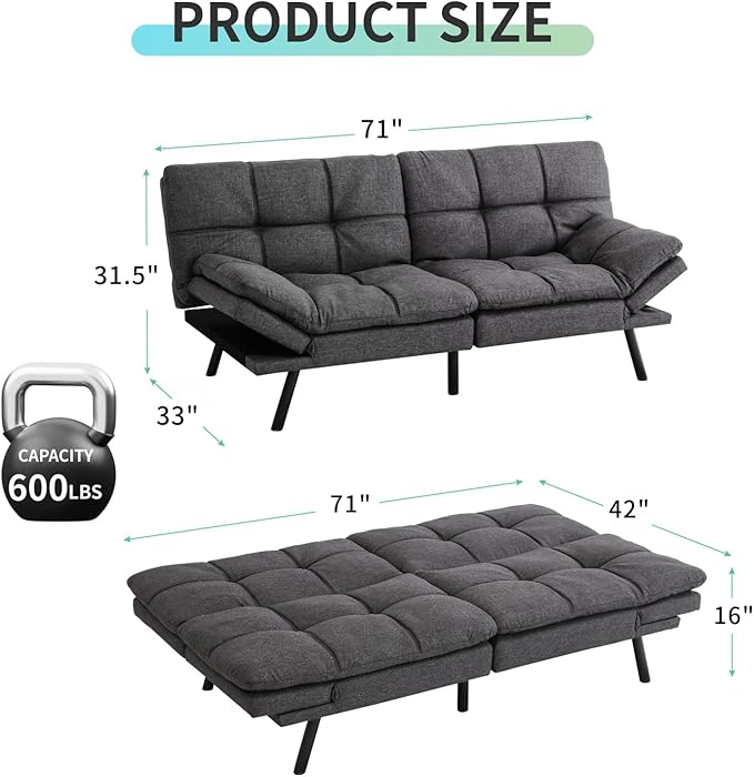 MUUEGM Memory Foam Futon Sofa Bed Adjustable Backrests Armrests Convertible Modern Design Couch for Living Room Apartment Office Small Room 71 Daybed Dark Gray