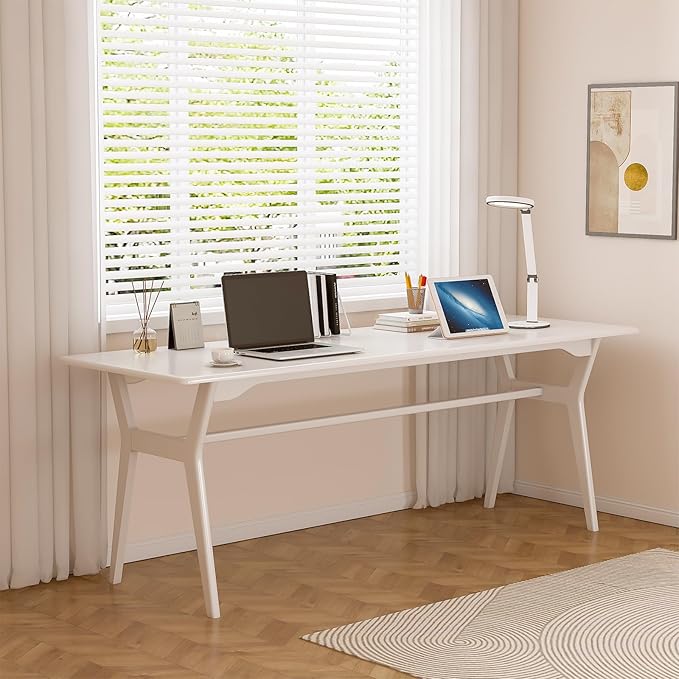 Solid Wood Study Desk - 71 Double Long Computer Table for Home Office 2-Person PC Workstation White