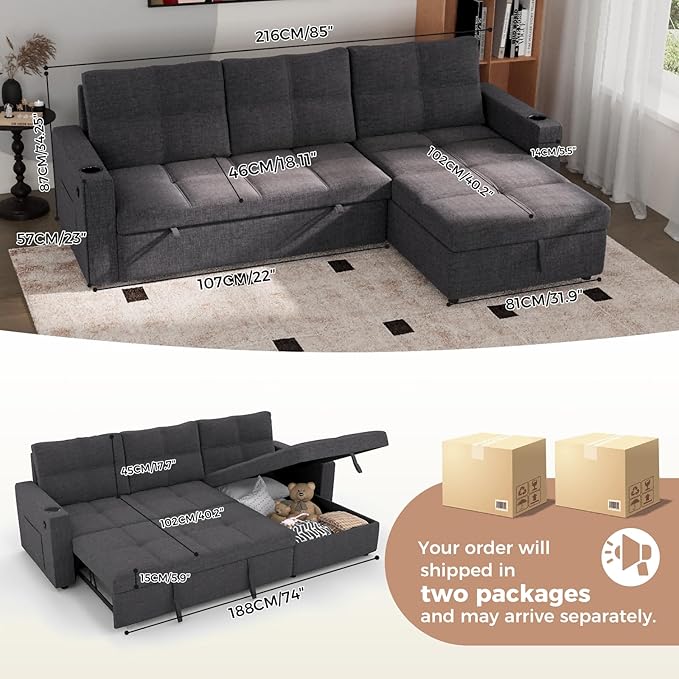 85 inch Sleeper Sofa Couch Bed with Storage ChaisePull Out Couch with USB ChargingSide PocketsConvertible Sectional Sofa for Living RoomApartmentSmall SpacesDark Grey