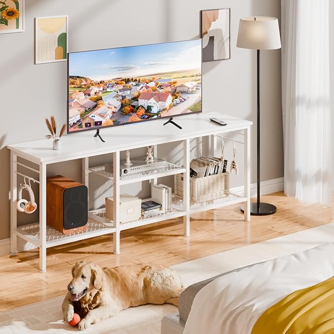 Furologee TV Stand for TVs up to 55 Inch Entertainment Center with Open Storage Shelves Media Console Table with Soundbar Shelf for Living Room Bedroom White