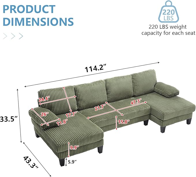 114 Cloud Couch Modular Sectional Sofa Convertible U-Shaped Couch with Double Chaise Lounge Corduroy Upholstery Sofa Double Cushions Deep Seat Sleeper Sofas Couches for Living Room Green