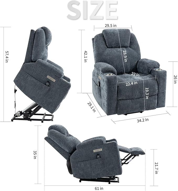 Power Lift Chair with Massage &amp Heat Electric Recliner Chairs for Adults Remote Control Sofa for Living Room Standing Assistance USB Ports Stainless Steel Cup Holders (Chenille Blue)