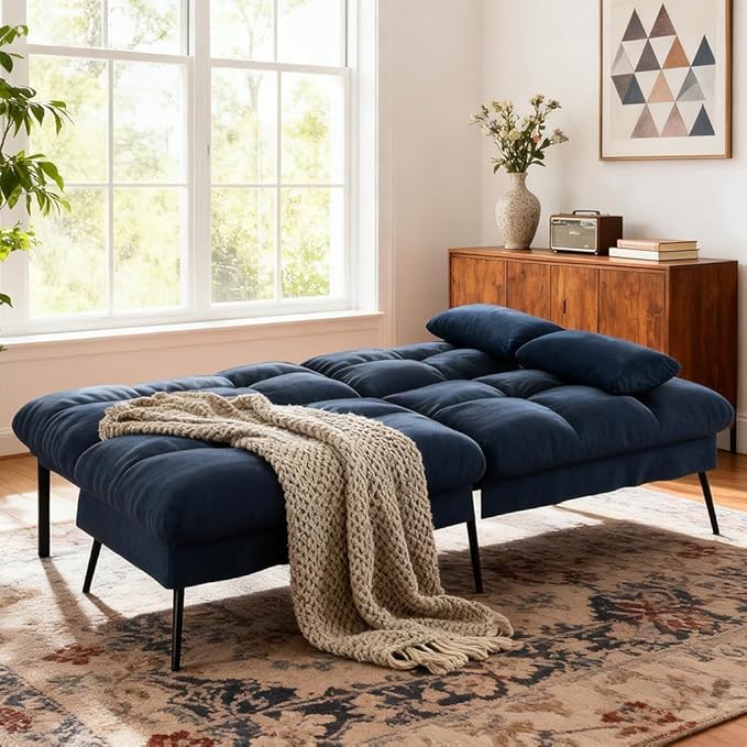COMHOMA Convertible Sofa Bed72″Fabric Couch with Adjustable BackrestLoveseat Recliner Sleeper Living Room Furniture futon Set (Blue)