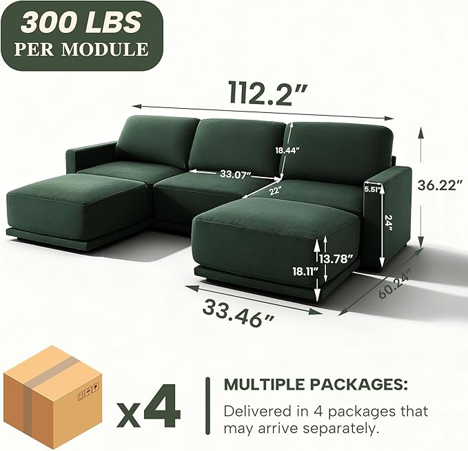 112 Modular Sectional Couches for Living Room U-Shaped Modern Sofa with Ottomans 5-Piece Chenille Sofa Set for Home Furniture Dark Green
