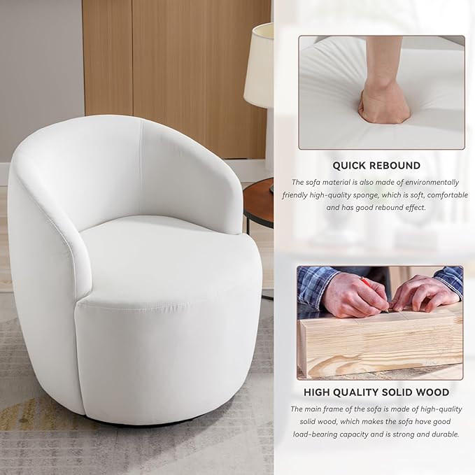 FOXHUNTER Swivel Barrel Chair 360° Small Single Sofa Armchair Comfy Round Sofa Chair Boucle Chairs Padded Armchair Modern Round Accent Arm Chairs for Living Room Bedroom Velvet White