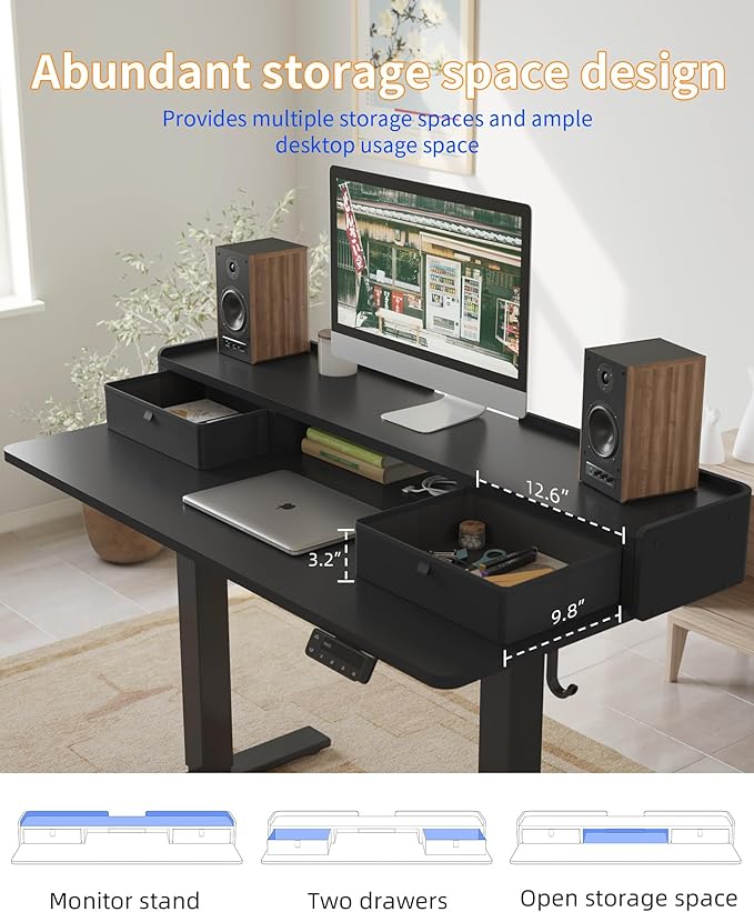 YIHAYO Electric Standing Desk with Drawers 48 x 24 Inches Adjustable Desk with Storage Shelf Stand Up Desk with Splice Board Computer Table for Home Office Black Frame/Black Top
