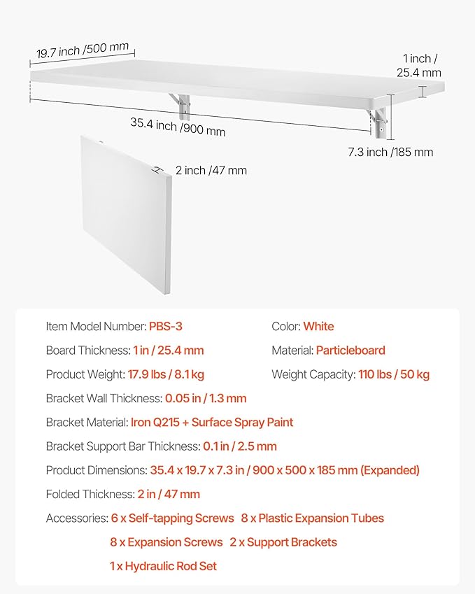 VEVOR Wall Mounted Folding Table 35.4 x 19.7 inches Wall Mount Table Floating Desk with Iron Bracket for Small Spaces Home Office Dining Laundry Room Kitchen Bar White