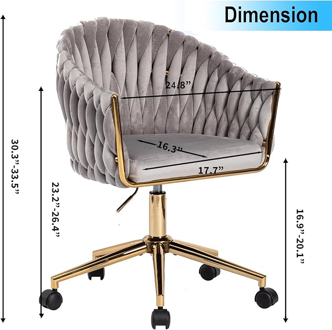 Velvet Office Chair with Hand Woven Back Vanity Desk Chairs with Golden Wheels Swivel Home Office Desk Chair Accent Makeup Desk Chair for Bedroom Living Room(Grey)