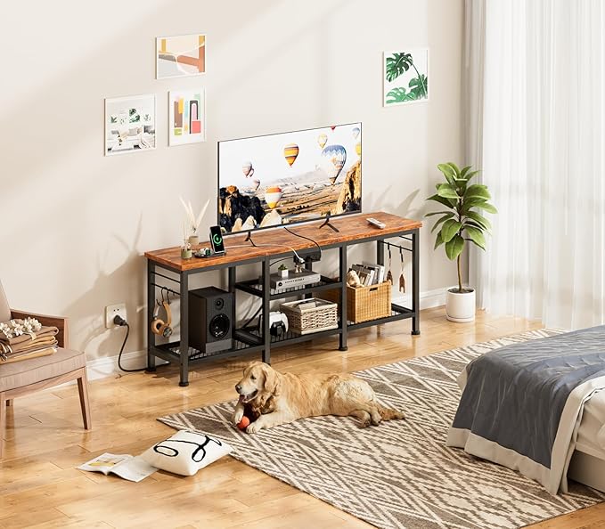 Furologee TV Stand with Power Outlets Entertainment Center with Open Storage Shelves for TVs up to 55 Inch Media Console Table with Soundbar Shelf for Living Room Bedroom Rustic Brown