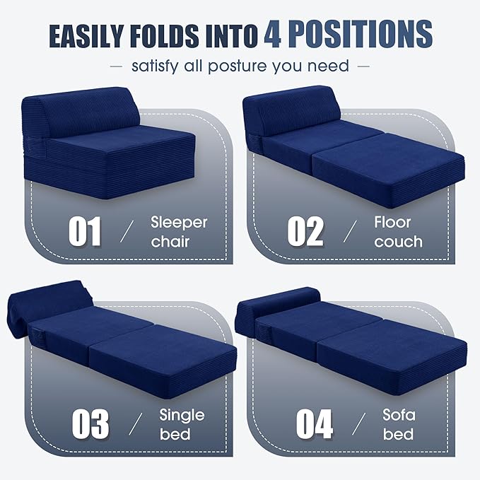 Folding Sofa Bed with Pillow Memory Foam Fold Out Chair Bed Convertible Sleeper Chair with Washable Cover Futon Floor Couch for Living Room/Dorm/Guest Use/Home Office/Apartment Navy Blue