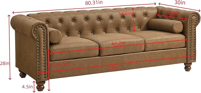 KEIKI 75 Chesterfield Velvet Tufted Button Sofa with Square Arms and Cushion Back Classic Style 3-Seater Couch with Solid Wood Legs Easy Assembly for Living Room Bedroom Apartment Brown