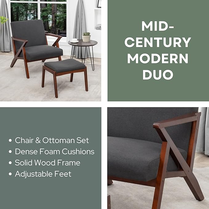 Convenience Concepts Take a Cliff Accent Armchair and Ottoman Set 28.5 - Mid-Century Modern Lounge Chair with Foot Stool Set for Living Room Office Dark Gray Fabric