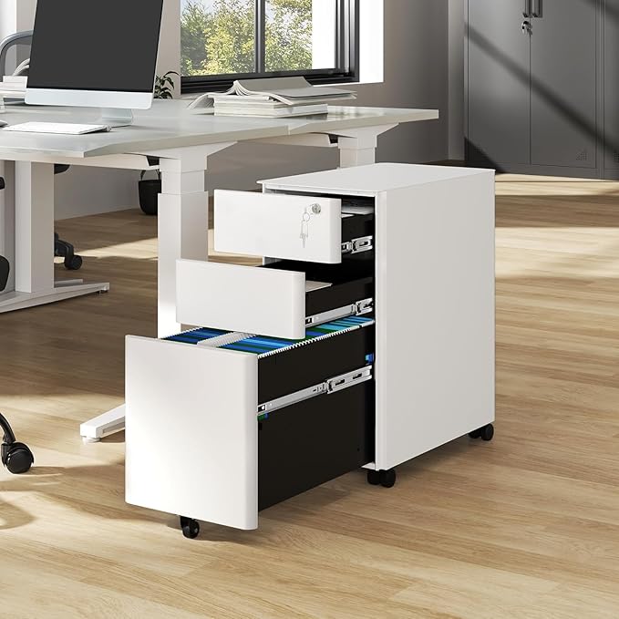 YITAHOME 3-Drawer File Cabinet Lockable Mobile Filing Cabinet for A4/Letter/Legal Size Folder Vertical File Cabinet for Home Office Installed Except Casters White