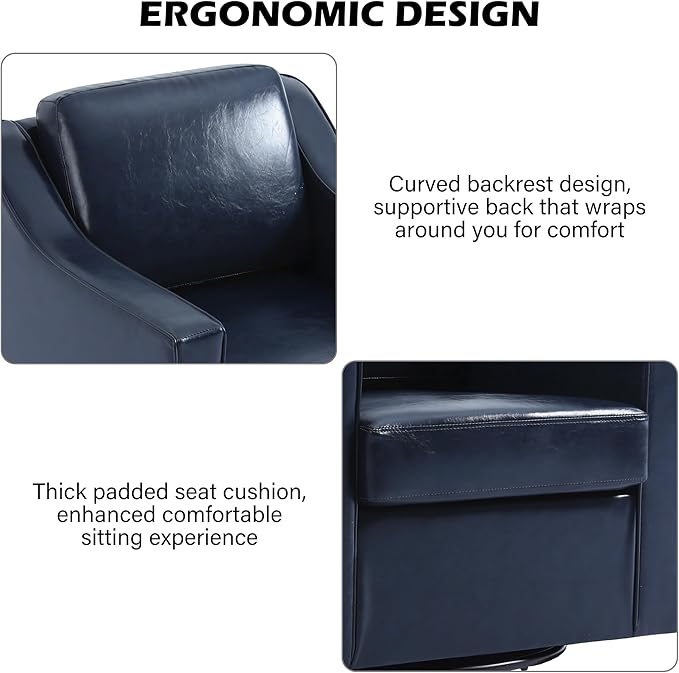 Swivel Accent Chair Modern Round Barrel Arm Chair for Living Room Bedroom Comfy Club Reading Chairs for Adults (Leather Navy Blue Set of 2)