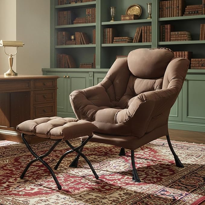 Tiita Lazy Chair with Ottoman Brown Modern Large Accent Chair Comfy Leisure Sofa Armchair with Ottoman Reading Chair with Footrest for Bedroom Living Room Dorm Rooms Brown