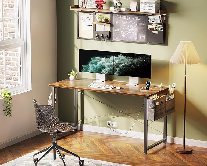 KKL Small Desk with Power Outlets and USB Port Computer Desk for Home Office Gaming Simple Modern Style Writing Desks with Storage Bag Headphone Hook 48 inch Rustic Brown