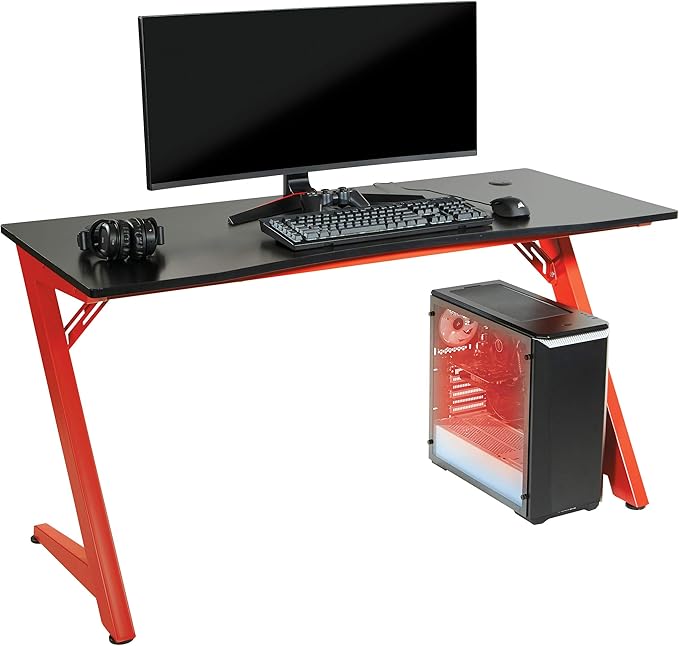 OSP Home Furnishings Beta Battlestation Gaming Desk with Bluetooth RGB LED Lights Matte Red