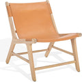 SAFAVIEH Couture Collection - Alanarose Tan &amp Natural Solid Teak Wood Accent Chair Modern Sling Style Leather Seat Fully Assembled (SFV1903D)
