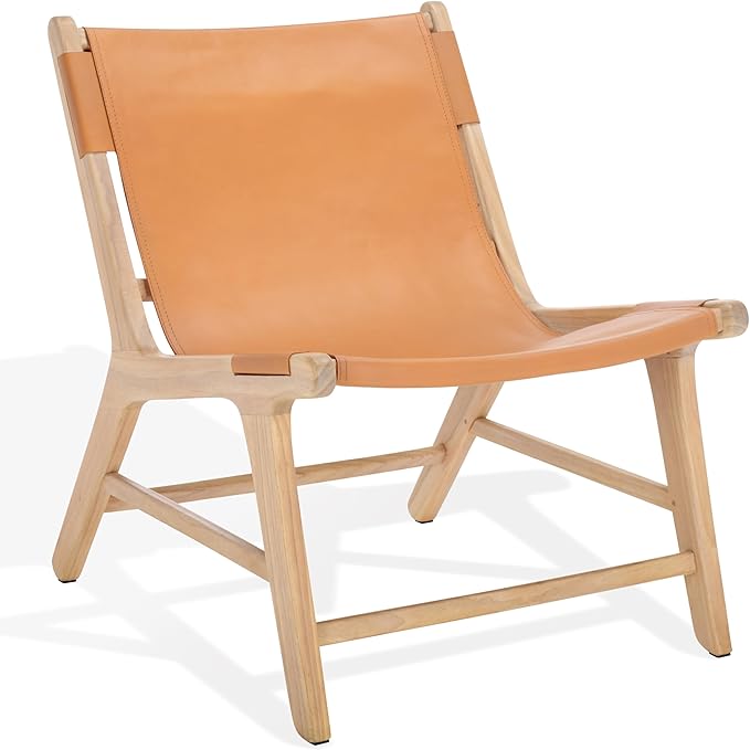 SAFAVIEH Couture Collection - Alanarose Tan &amp Natural Solid Teak Wood Accent Chair Modern Sling Style Leather Seat Fully Assembled (SFV1903D)