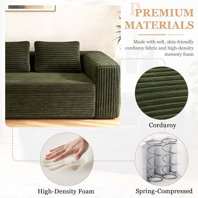 63 Green Boneless Couches for Living Room Compressed Sofa Couch in a Box Corduroy Memory Foam Floor Couch for Adults Memory Foam Deep Seat No Assembly Required (Green)