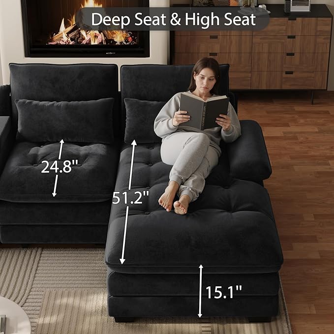 OUYESSIR 134 Oversized Black Sectional Couches for Living RoomFluffy Couch with Chaise Lounge&ampTufted Buttons U Shaped Living Room Sofa Set FurnitureChenille 6 Seater Couch with Storage Console