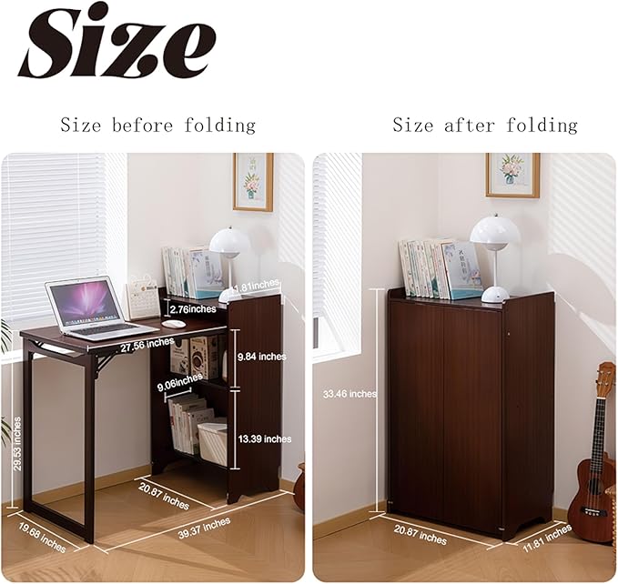 Bamboo Fold Out Desk with Storage Mid Century Hideaway Desk for Small Spaces Folding Computer Desk for Home Office Bedroom Apartment Space Saving