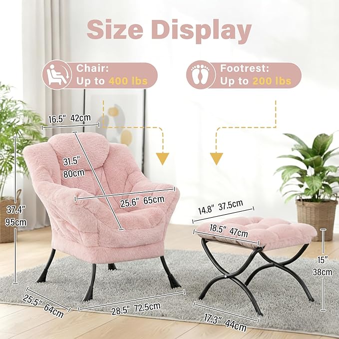 Lazy Chair and Ottoman Large Contemporary Plush Pink Accent Chair with Side Pocket Modern Leisure Upholstered Reading Armchair with Footrest for Office Bedroom Living Room Dorm Balcony