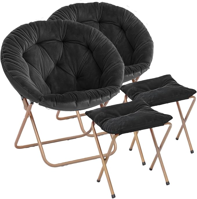 Magshion Folding Saucer Chair for Adults with Ottoman Circle Reading Chair for Bedroom Living Room &amp Dorm Furry Comfy Accent Seat with Metal Leg &amp Thick Padded for Small Spaces (Black 2 Pa