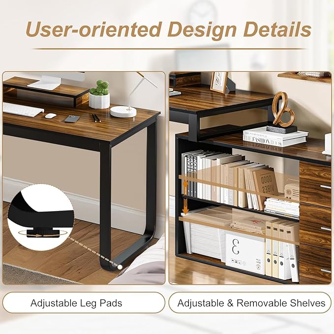 55 Inch L Shaped Desk with 3 Drawers Home Office Desk with Storage Shelves Computer Desk with Monitor Stand Black