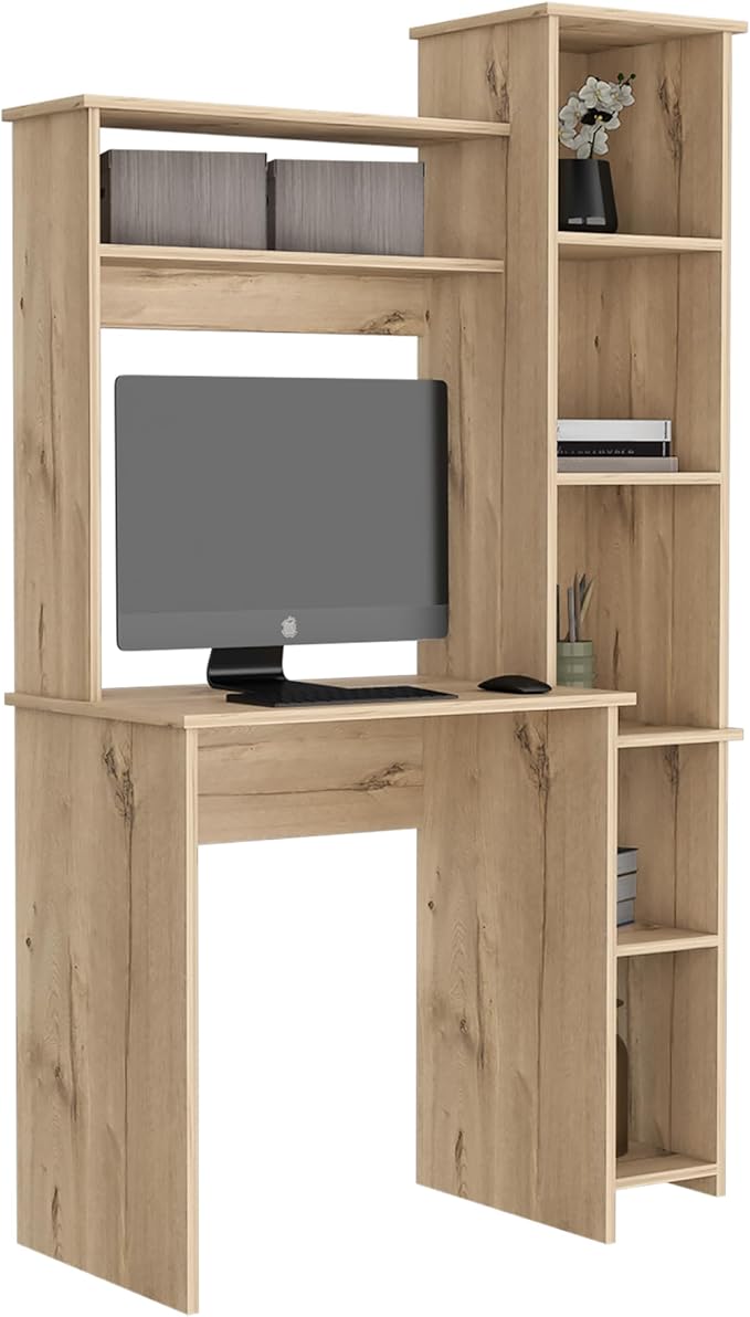 Tuhome Versalles Writing Desk with Two Superior Shelves Five Side Open Storage Compartments Space-Saving Modern Workstation Design for Studios and Offices Ideal for Organization Books