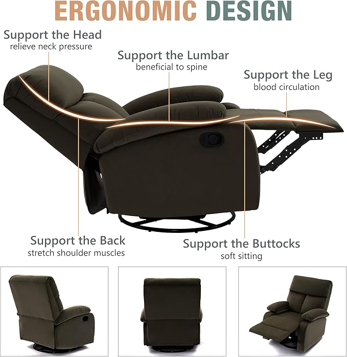 Swivel Rocker Recliner for Adults Small Recliner Chair for Small Spaces Rocking Glider-Nursery Rocking Chair for Living Room RV Nursery Bedroom Brown