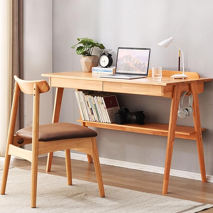 Solid Wood Desk Mid Century Modern Desks Home Office Desks with Drawers Small Desk for Bedroom