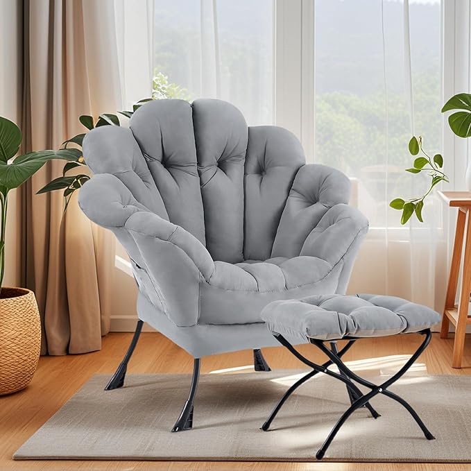Lazy Chair With Ottoman Comfy Reading Lounge Accent Chair Leisure Floral Butterfly Armchair With Foding Footrest Wrapped Sturdy Soft Chair For Bedroom Dorm Room Living room（light grey）