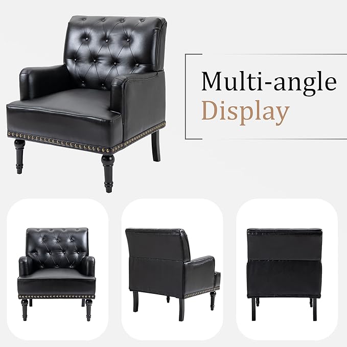 MOJAY Faux Leather Accent Chair Mid-Century Armchair Living Room Sofa Chair with Rubber Wood Leg Club Chair with Rivet Trim for Bedroom Reading Room Reception (Black)