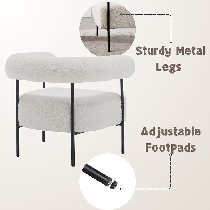 Modern Accent Chairs Set of 2 White Boucle Side Chairs with Curved Back Sherpa Barrel Vanity ChairsArmchairs with Black Metal Legs &amp Upholstered for Living Room Makeup Room