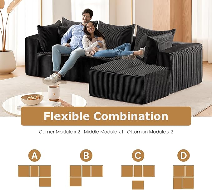 104 Cloud Couch Sectional L Shaped Boneless Couches for Living Room Corduroy Modern Modular Sectional Sofa No Assembly Required (Black L-Shaped)