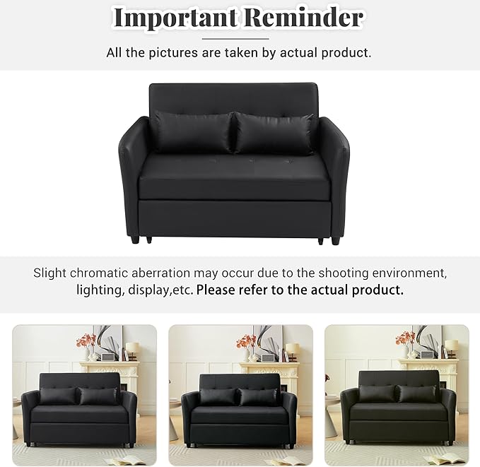 Black Convertible Sofa Bed 3-in-1 Sleeper Sofa with Pull-Out Bed PU Leather Futon Couch with Adjustable Backrest USB Port for Living Room Bedroom Apartment RV (Black)