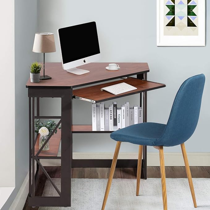 VECELO Corner Computer Desk 41 x 30 inches with Smooth Keyboard &amp Storage Shelves for Home Office Workstation Teakwood Brown