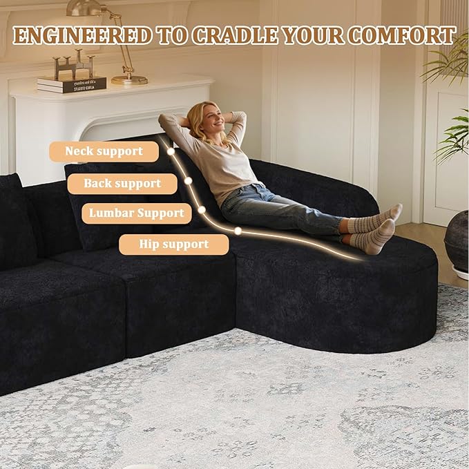 Oversized Sectional Sofa with Right Chaise 111 Modern Luxury Lychee-Textured Long-Pile Extra Wide Seat L-Shape Curved Cloud Boneless Couch for Living Room Apartmen No Assembly Black