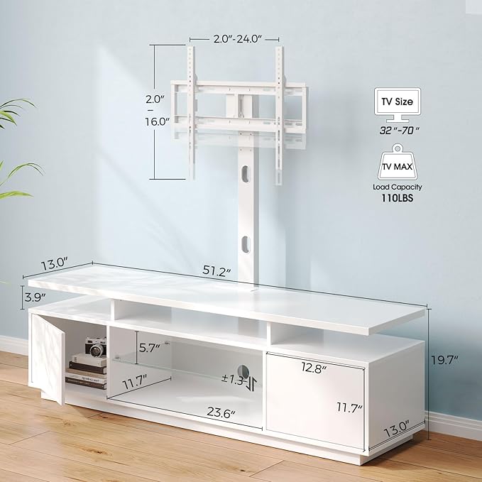 Rolanstar TV Stand with Mount and Power Outlet 51.2 Swivel TV Stand Mount for 32/45/55/60/65/70 inch TVs Height Adjustable Modern Entertainment Center with Storage &amp LED Lights TV Table White